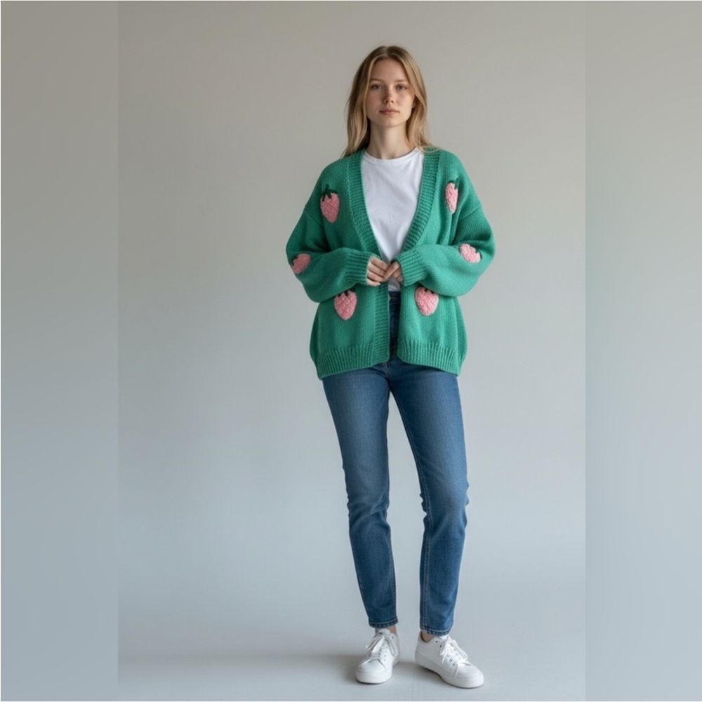 NWT Luna Ivy Chunky Green Strawberry 🍓 Cardigan Size M - Picture 2 of 15